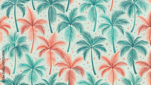 seamless tropical pattern featuring palm trees in soft gray and blue tones vector background 
