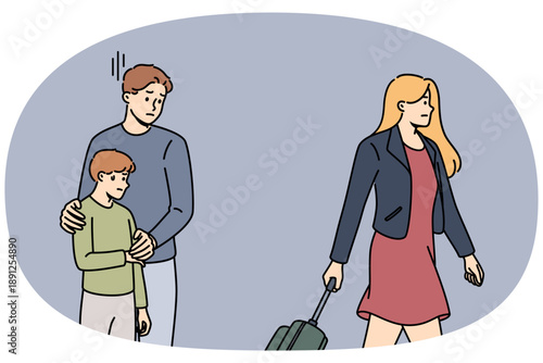 Divorce of parents traumatizes child, experiences stress because of mother with suitcase leaving family. Divorce between man and woman causes frustration and depression in pre-teen boy