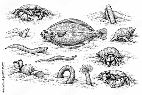 Detailed monochrome depiction of marine life with fish, crabs, shells, and anemones in sea bed