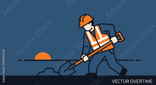 Construction Worker Digging at Sunset Overtime Work Concept.