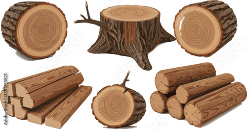 Vector illustration of various cut wood forms including stumps, logs, firewood bundles, and trunk cross-sections on white background