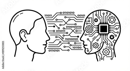 Visual concept illustrating the seamless data transfer and communication between human intellect and advanced artificial intelligence, highlighting machine learning integration