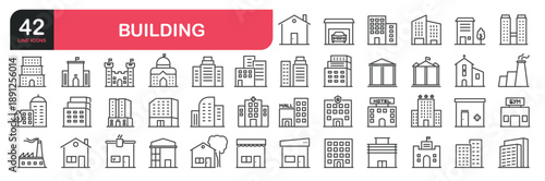 Set of line icons related to real estate, house, home, apartment, hospital, hotel, city scape, downtown, museum, mosque, church, pagoda. architecture buildings . Outline icons collection. Editable str