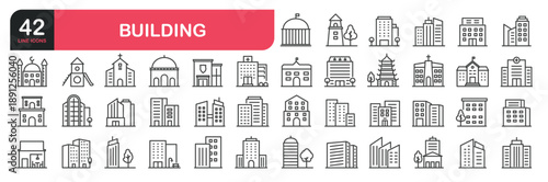 Set of line icons related to real estate, house, home, apartment, hospital, hotel, city scape, downtown, museum, mosque, church, pagoda. architecture buildings . Outline icons collection. Editable str