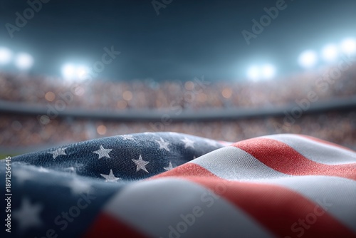 American flag waving over a stadium crowd at night with stadium lights