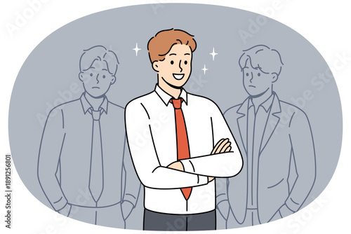 Successful business man stands with arms crossed near unsuccessful and sad opponents. Successful ceo of company rejoices at receiving position on board of directors, despite actions of competitors