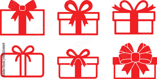 Collection of six red Christmas presents with shiny ribbon bows isolated on white background red gift boxes