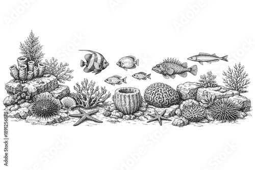 Intricate marine life illustration with diverse coral reef and fish