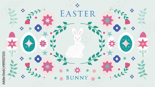 Easter bunny surrounded by colorful flowers and eggs in wreath