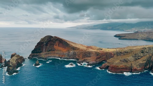 Aerial landscape of the Sao Lourenco headland with rugged coastline and open ocean on Madeira Island
