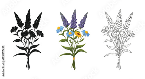 Wildflower bouquet illustration set in silhouette, color, and line art styles