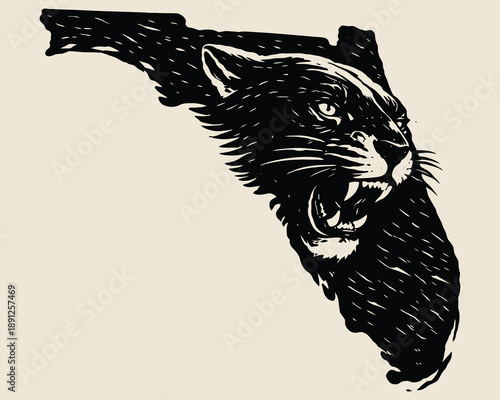 Panther Head Illustration in Woodcut Style Merged with Florida State Outline