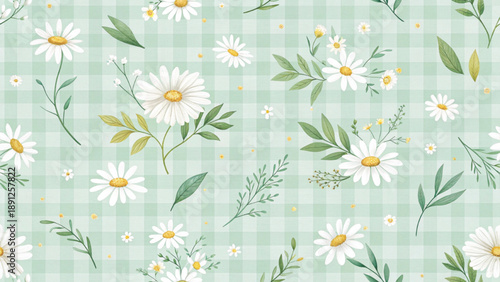 soft pastel green gingham check pattern background with white and yellow daisy flowers scattered across vector background 