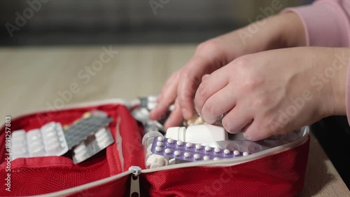 First aid kit. Medicine pills. Slow Motion Video. High Quality 4k Footage