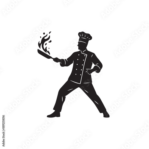 Vector silhouette of a chef tossing a frying pan, cooking action pose.