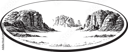 Wadi Rum Desert canyon riverbed linocut illustration