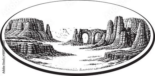 Tassili n'Ajjer Desert canyon valley rock formations linocut illustration