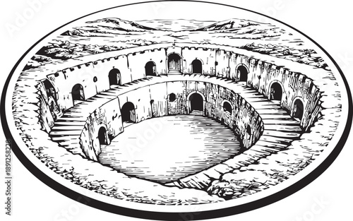 Matmata troglodyte dwellings oval linocut illustration