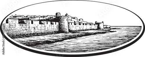 Essaouira Ramparts in Morocco, Coastal fortress, Mediterranean stone walls linocut illustration