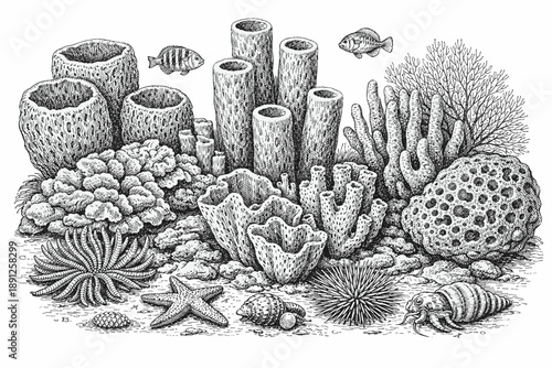 Detailed black and white coral reef ecosystem with marine life