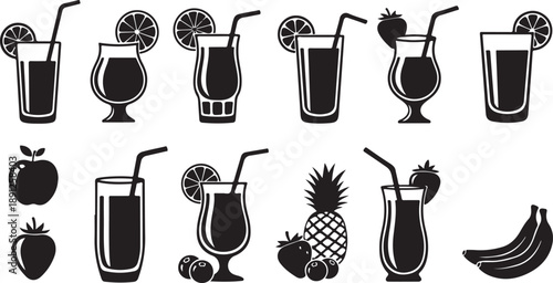 Set of Various Fruit Smoothie Drinks with Straws and Fresh Ingredients Silhouette