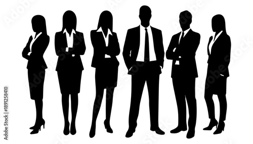 Black and white silhouettes of a group of men and women in business suits on a white isolated background. Vector graphics. EPS_02.