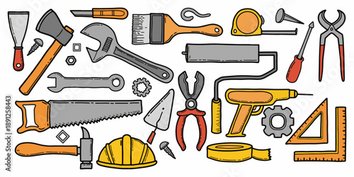 Construction and hardware hand drawn tools vector set vector. Industrial equipment and repairman tools illustration
