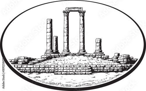 Temple of Hercules oval ruins linocut illustration