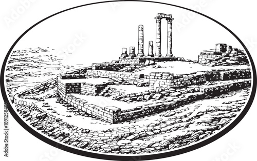 Amman Citadel Amman jordan oval linocut illustration