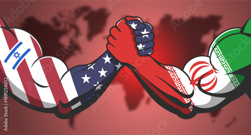Vector political banner. Arm wrestling. Powerful muscular male arms in colors of flags of United States of America and Islamic Republic of Iran. Blurred red world map background. Iranian and american