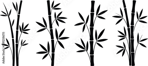 Black bamboo silhouettes isolated on white background, elegant oriental plant stems with leaves, minimalist botanical collection for zen design, logo, wall art, and decoration concepts