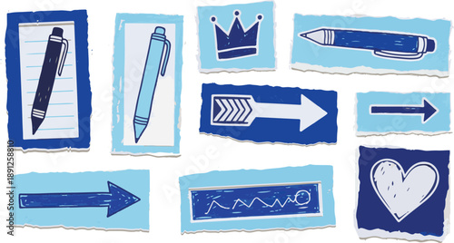 Blue scrapbook doodle sticker collection isolated on white background with pencil and crayon scribbles, Featuring crown, Arrow and heart clip Art.eps