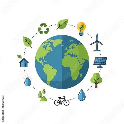 Earth with recycling and eco energy symbols.