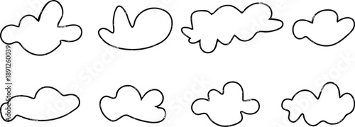 A collection of eight unique cloud shapes outlined in black on a white background