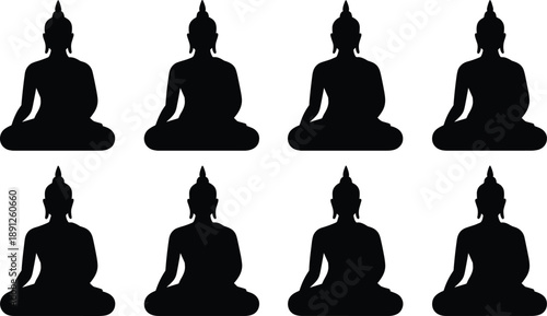 Black Buddha silhouettes collection isolated on white background, meditating spiritual figure set in lotus pose, zen meditation symbols for yoga, mindfulness, religion, and wellness design concepts