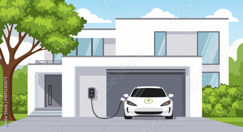 Modern White Electric Car Charging At Home In A Stylish Garage - Vector Illustration