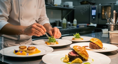 Professional chef preparing gourmet dishes with precision plating and garnishing in a commercial kitchen with fine dining presentation.