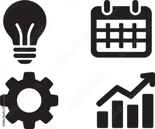 Professional minimalist black business vector icons featuring a growth bar chart, innovation light bulb idea, calendar schedule planning, and operations gear for corporate strategy management.