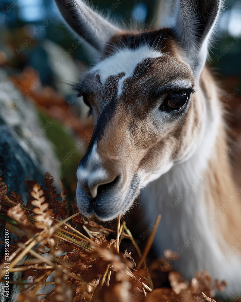 Fototapeta premium A dramatic close-up image of a llama with textured fur chewing on foliage, highlighting its expressive eyes and intricately detailed fur, illuminating the beauty of wildlife.