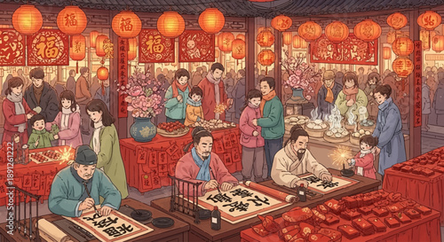 Chinese New Year calligraphy celebration with people writing blessings and festive decorations
