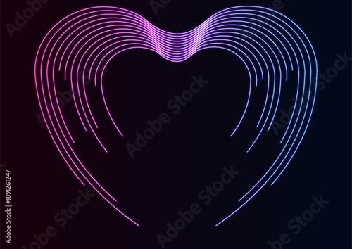 Blue and ultraviolet neon shiny linear hearts abstract holiday background. St Valentines Day glowing vector greeting design