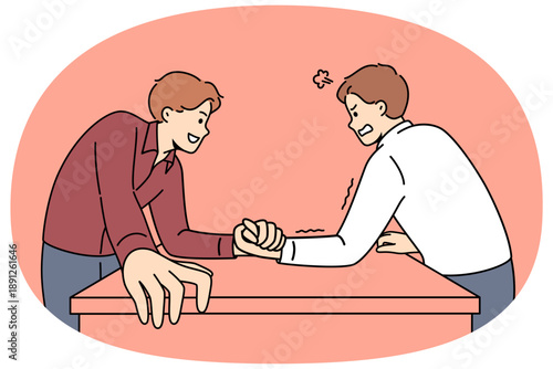 Two men engage in arm wrestling to find out who is stronger and prove own leadership in business team. Friends do comic am-wrestling, demonstrating athletic superiority to opponent