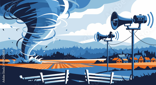 A powerful vector illustration depicting a destructive tornado approaching a rural town with warning sirens sounding