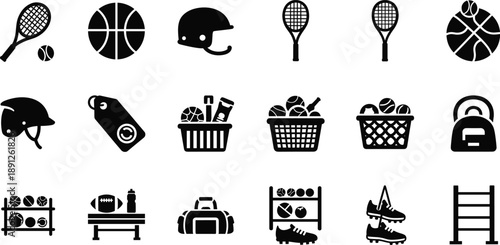 Black Silhouette Icons of Sports Equipment, Balls, Helmets, Bags, Racks, and Accessories for Athletic and Recreational Activities