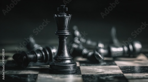Black queen chess piece dominating the board, surrounded by fallen pieces, high contrast lighting, power and control symbolism, dramatic cinematic