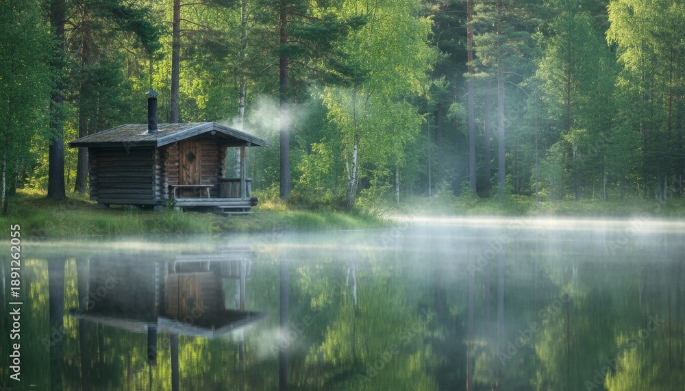 Fototapeta premium Wooden sauna hut by forest pond with low fog and still water mirror reflections in soft light