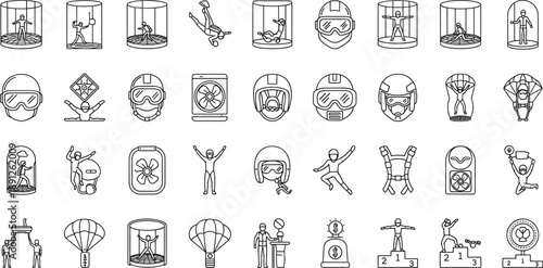 Indoor Skydiving Line Icons Featuring Wind Tunnel Poses, Parachutes, Helmets, Goggles, Fans, Harnesses, Podiums, and Celebratory Actions