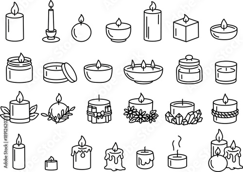 Set of candle outline illustration, spa and aromatherapy symbols, black and white sketch.