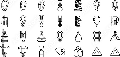 Industrial Safety and Rigging Line Icons Featuring Carabiners, Pulleys, Hooks, Harnesses, Shackles, Tags, Weights, and Warning Signs
