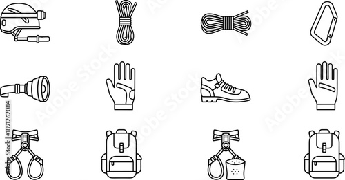 Line Icons of Rock Climbing and Outdoor Gear Featuring Helmets, Ropes, Carabiners, Gloves, Shoes, Harnesses, Backpacks, and Lights